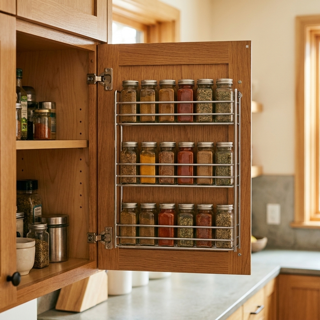 An open kitchen cabinet showing a metal spice rack mounted to the inside of the door with neatly arranged spice jars