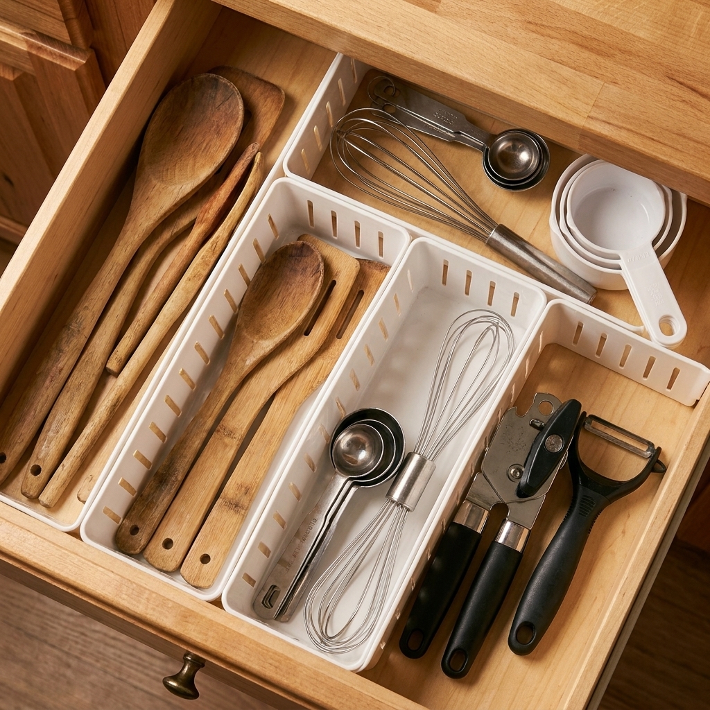 An open kitchen drawer with inexpensive dividers separating utensils, measuring spoons, and small tools