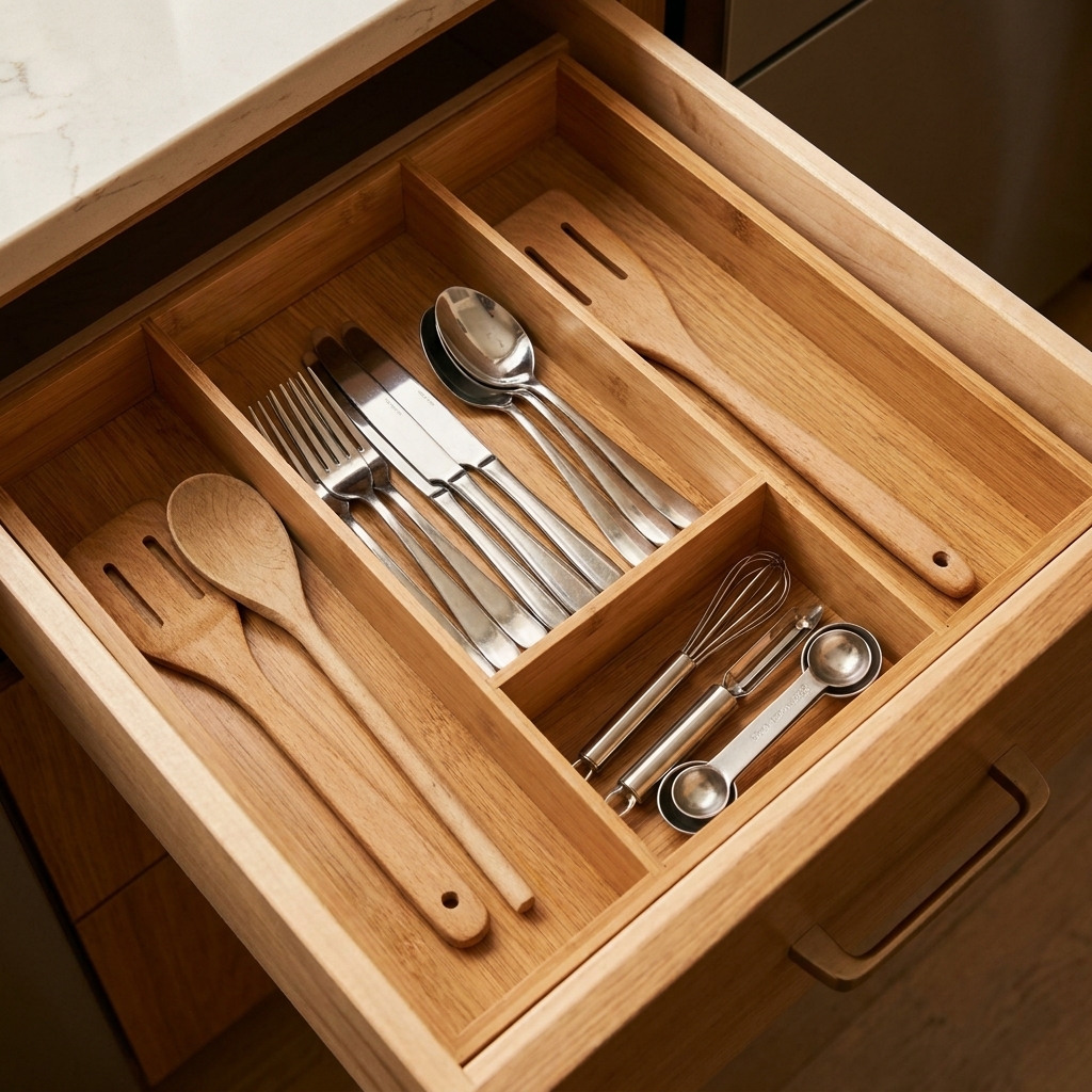 An open kitchen drawer with simple dividers holding a small, tidy set of utensils and tools
