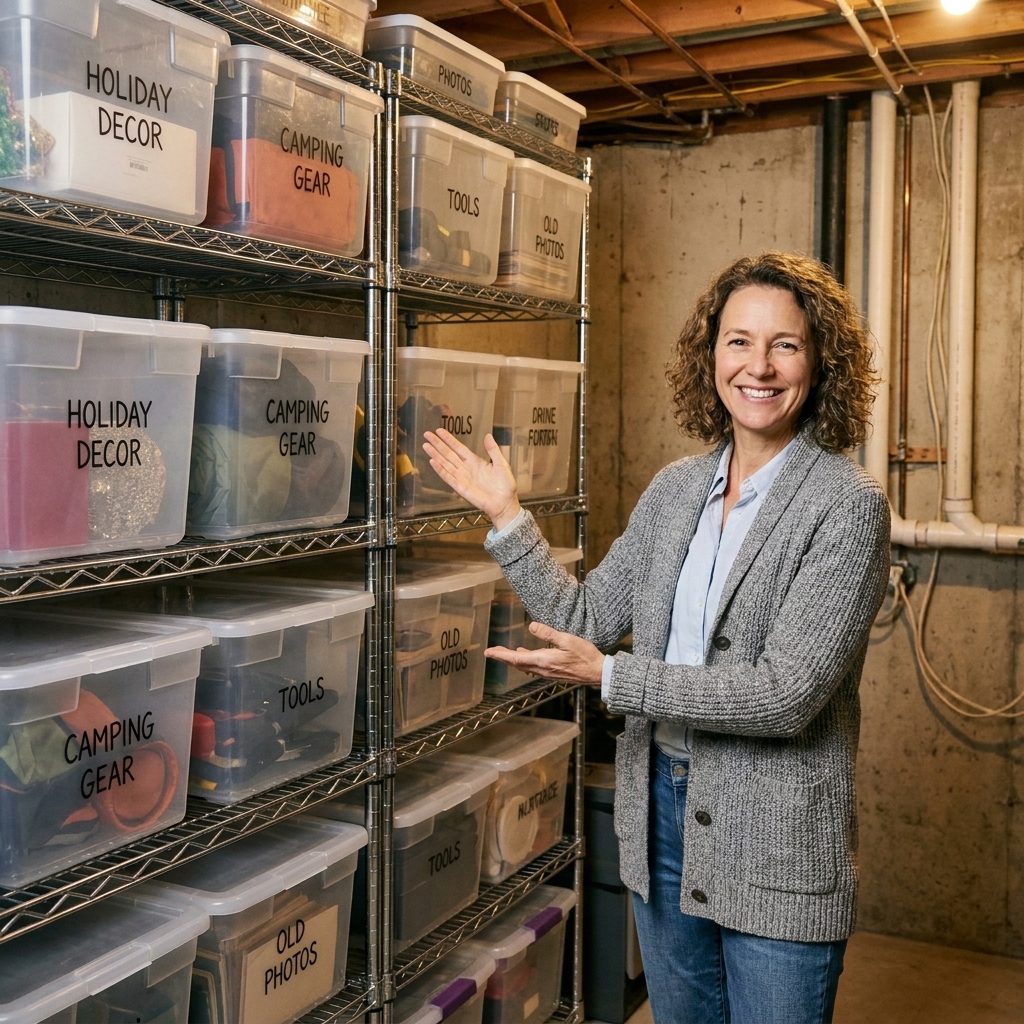 An organized unfinished basement storage wall with metal shelving and labeled clear plastic bins arranged by category