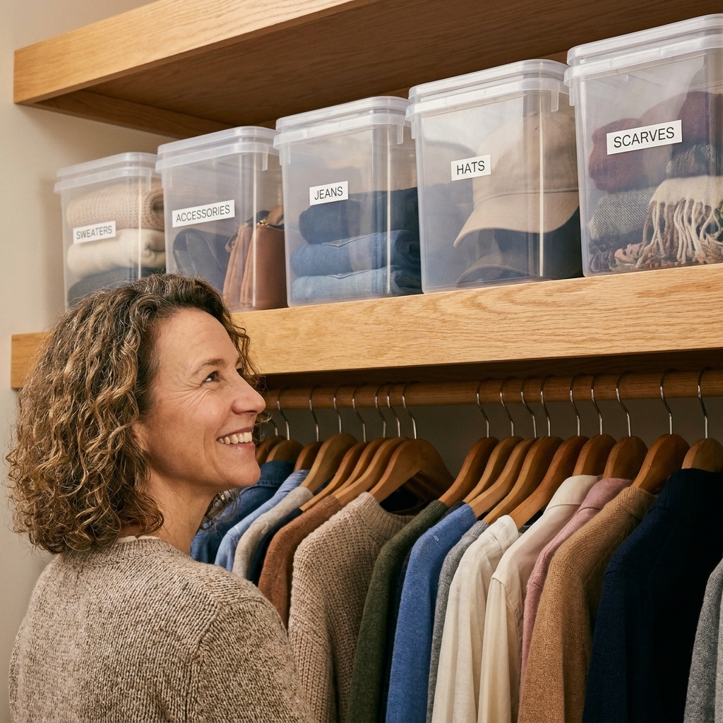 Clear storage bins lined up on a closet shelf above hanging clothes, each labeled by category.