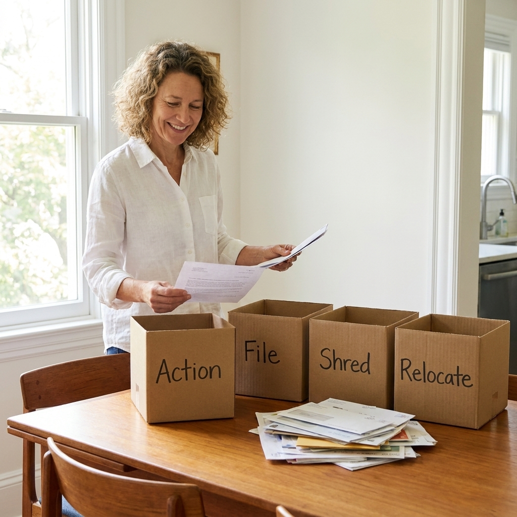 Four cardboard boxes on a dining table labeled Action, File, Shred, and Relocate with a mixed stack of mail and papers nearby