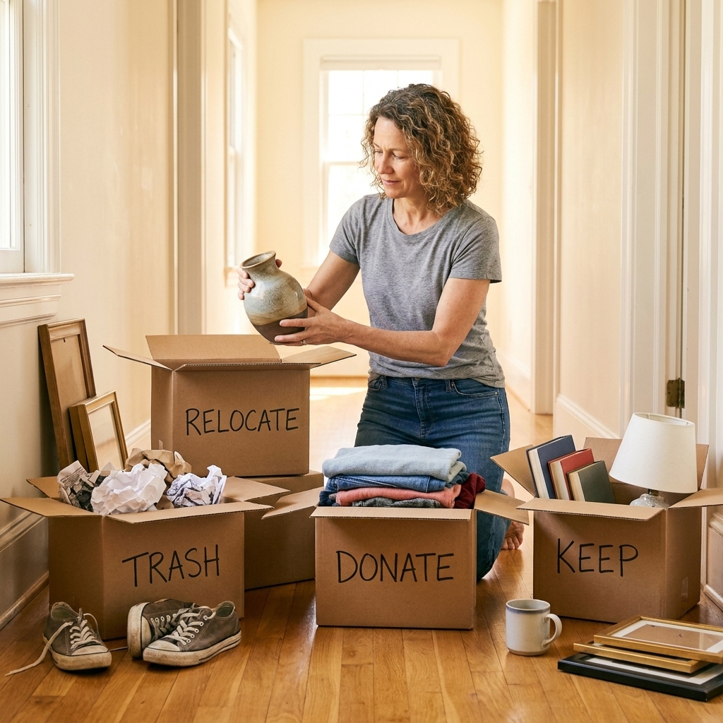 Four open boxes on a hallway floor labeled in marker for trash, donate, relocate, and keep, with a few household items being sorted into them