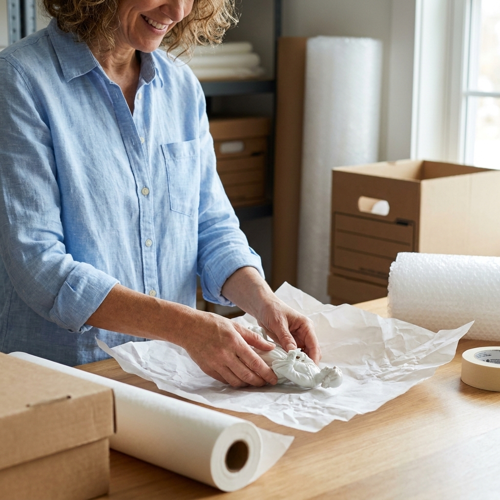 Hands wrapping a delicate porcelain keepsake in acid-free tissue paper on a table with storage supplies nearby