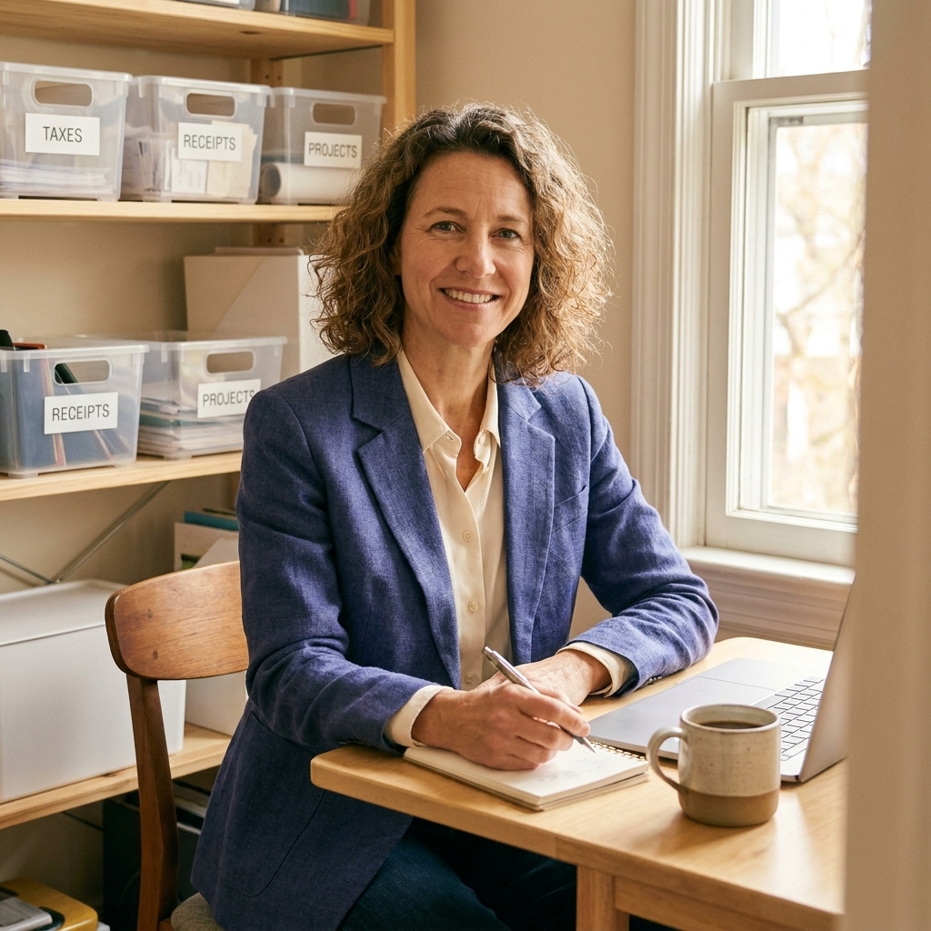 Maya Reynolds sitting at a small desk in a bright home office with neatly labeled clear bins on shelves and a cup of coffee nearby