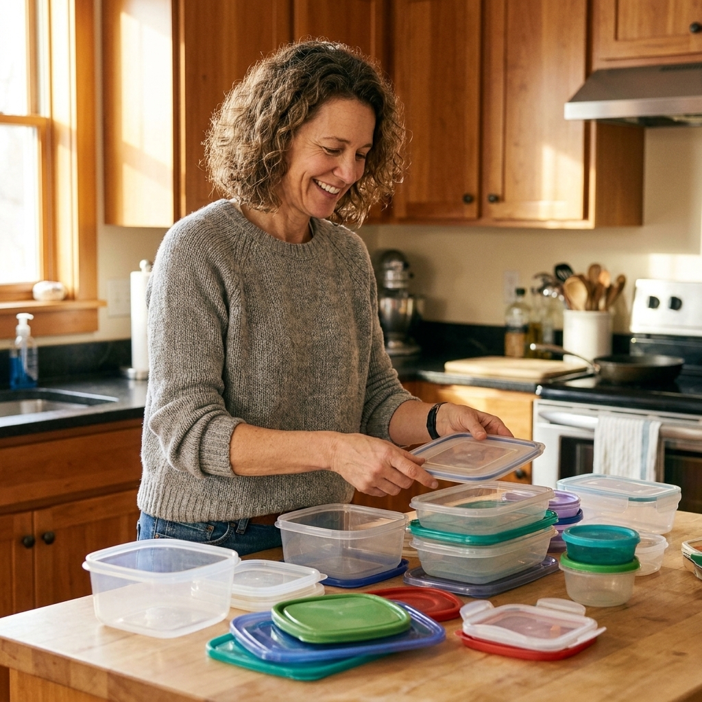 Plastic food storage containers and lids spread on a kitchen counter while being sorted into matching sets.