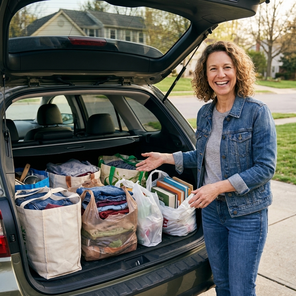 Reusable bags filled with clean household donations sitting in the open trunk of a car parked in a driveway