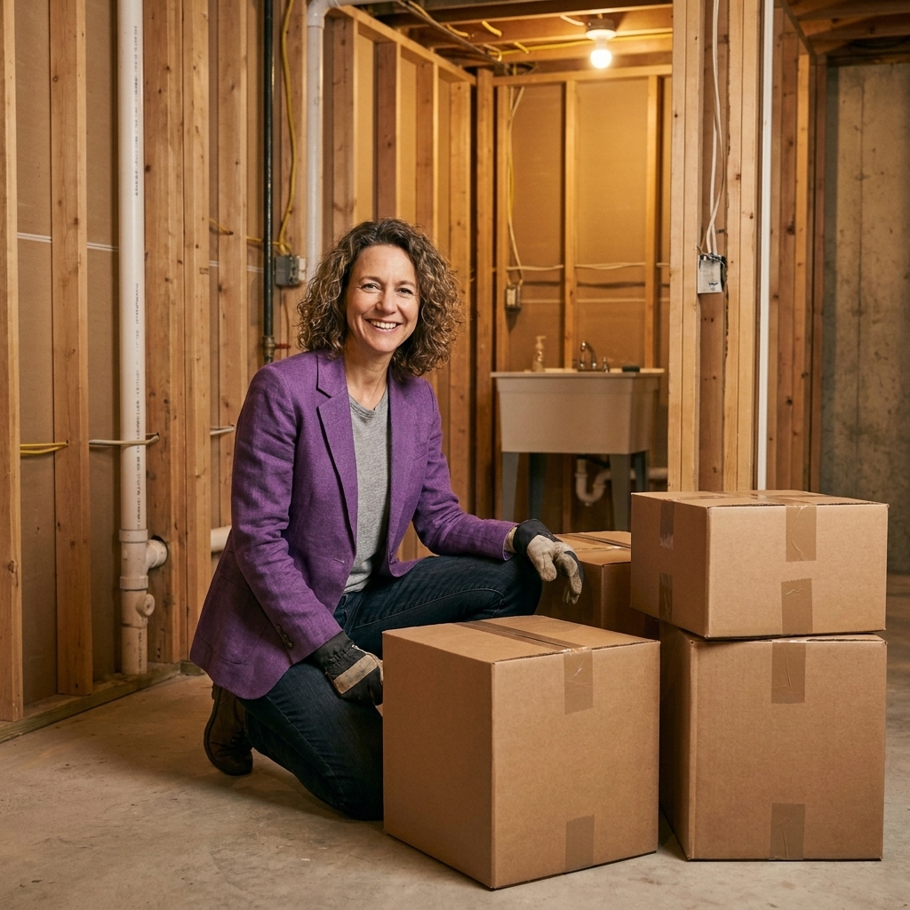 Several taped cardboard boxes stored directly on a concrete basement floor near exposed framing and a utility area