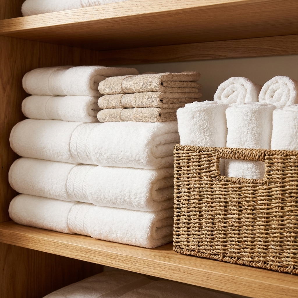 Stacks of bath towels and hand towels sorted on a linen closet shelf with a small bin of washcloths beside them