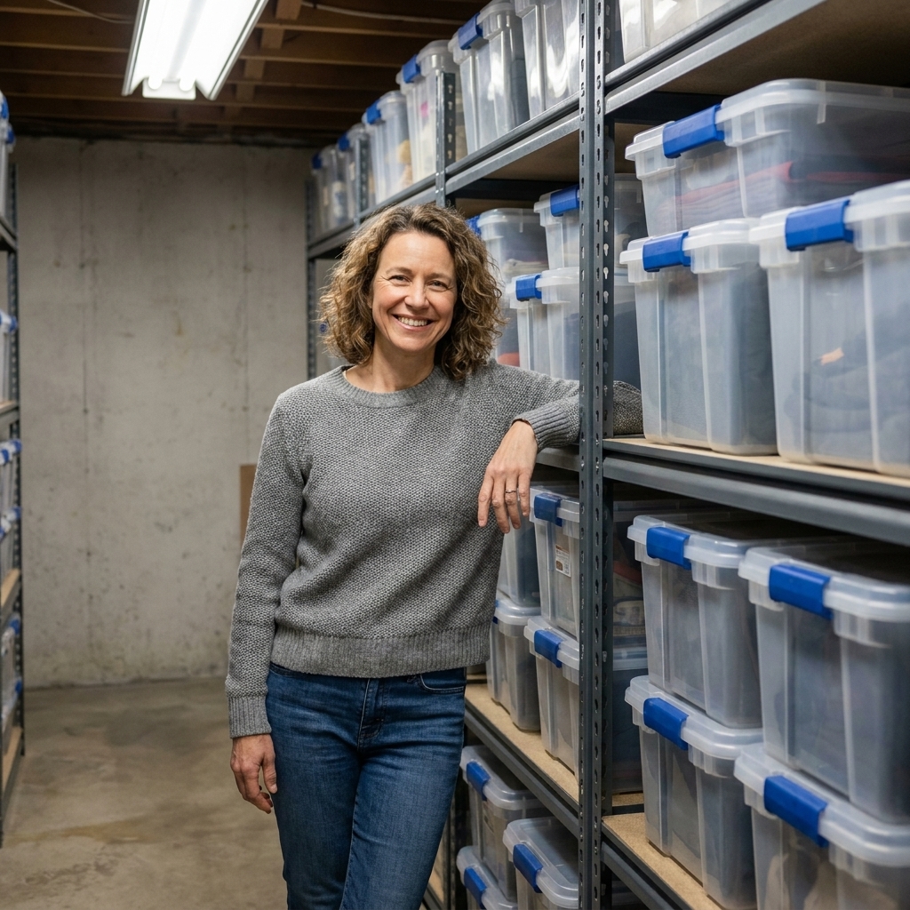 Sturdy latching plastic storage totes stacked neatly on metal shelving in a home basement storage area