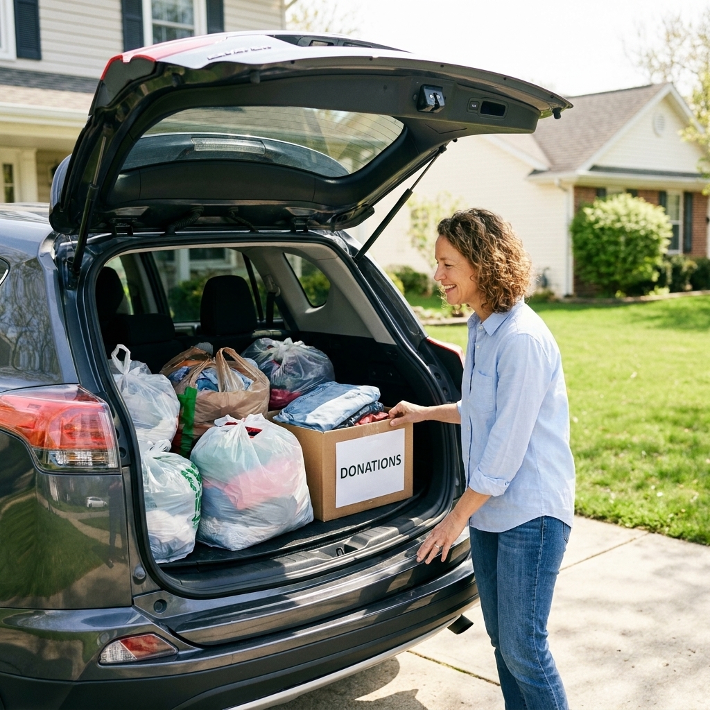 The open trunk of a car filled with donation bags and a cardboard box, parked in a driveway during daytime
